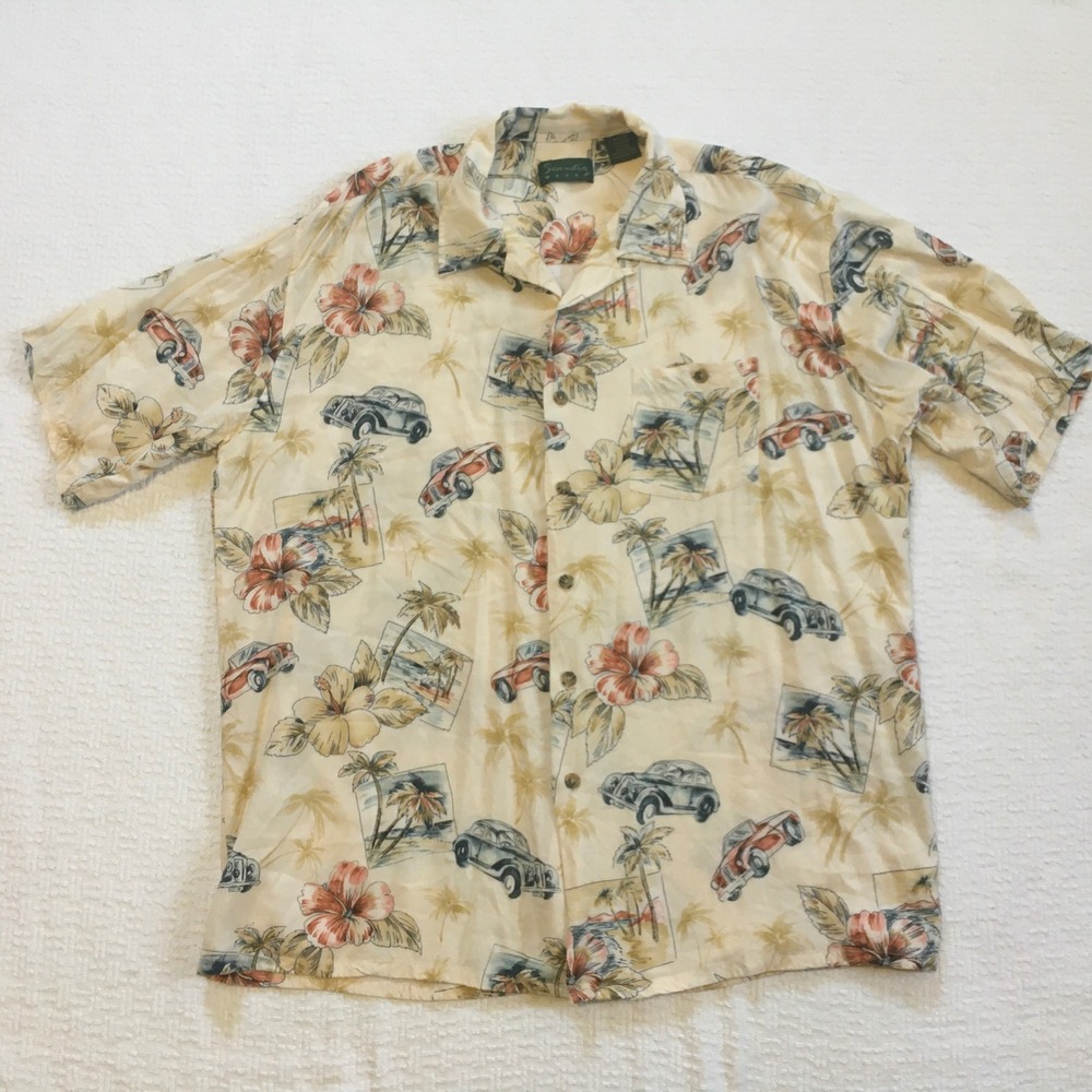 Mens‎ XL Tropical Hawaiian Shirt Cars & Hibiscus Print Beach Vacation